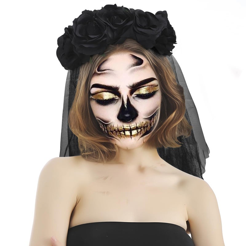 PURFUN Gothic Rose Floral Headband Crown Veil Women Halloween Cosplay Day of The Dead Masquerade Mexican Flower Hairband Garland Headpiece Hair Wreath Black Witch Vampire Bridal Veil Costume Accessory - Image 2